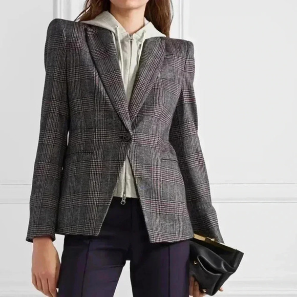 Veronica Beard Brock Dickey Jacket 0 Blazer Wool Grey Plaid Strong Shoulder $695 - Picture 5 of 16
